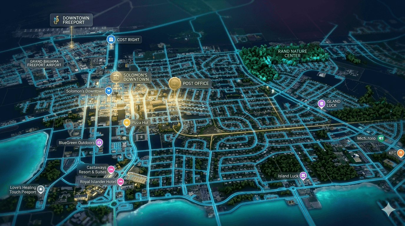 Illustrated map of Grand Bahama connecting businesses across neighbourhoods